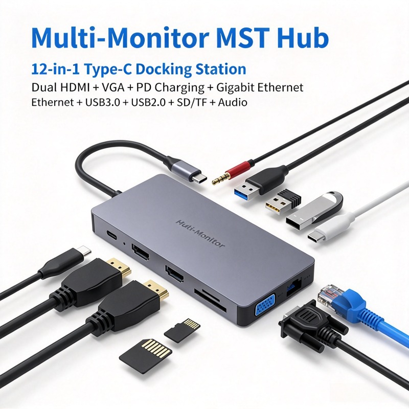 Usb C Hub 12 In 1 Triple Display - Estación de conexión tipo C, concentrador