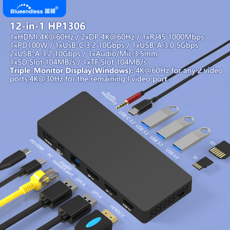 Estación de acoplamiento Bluee - Usb C Hub 12 In 1 Triple Display reseña y precio