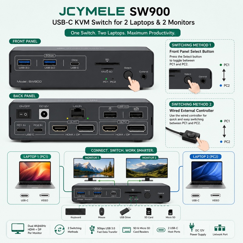 Base de Conexión KVM USB-C 14  - Docking Station Displaylink Dual 4K reseña y precio