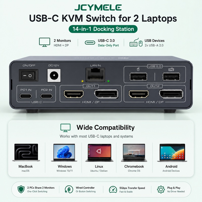 Base de Conexión KVM USB-C 14  - Docking Station Displaylink Dual 4K reseña y precio